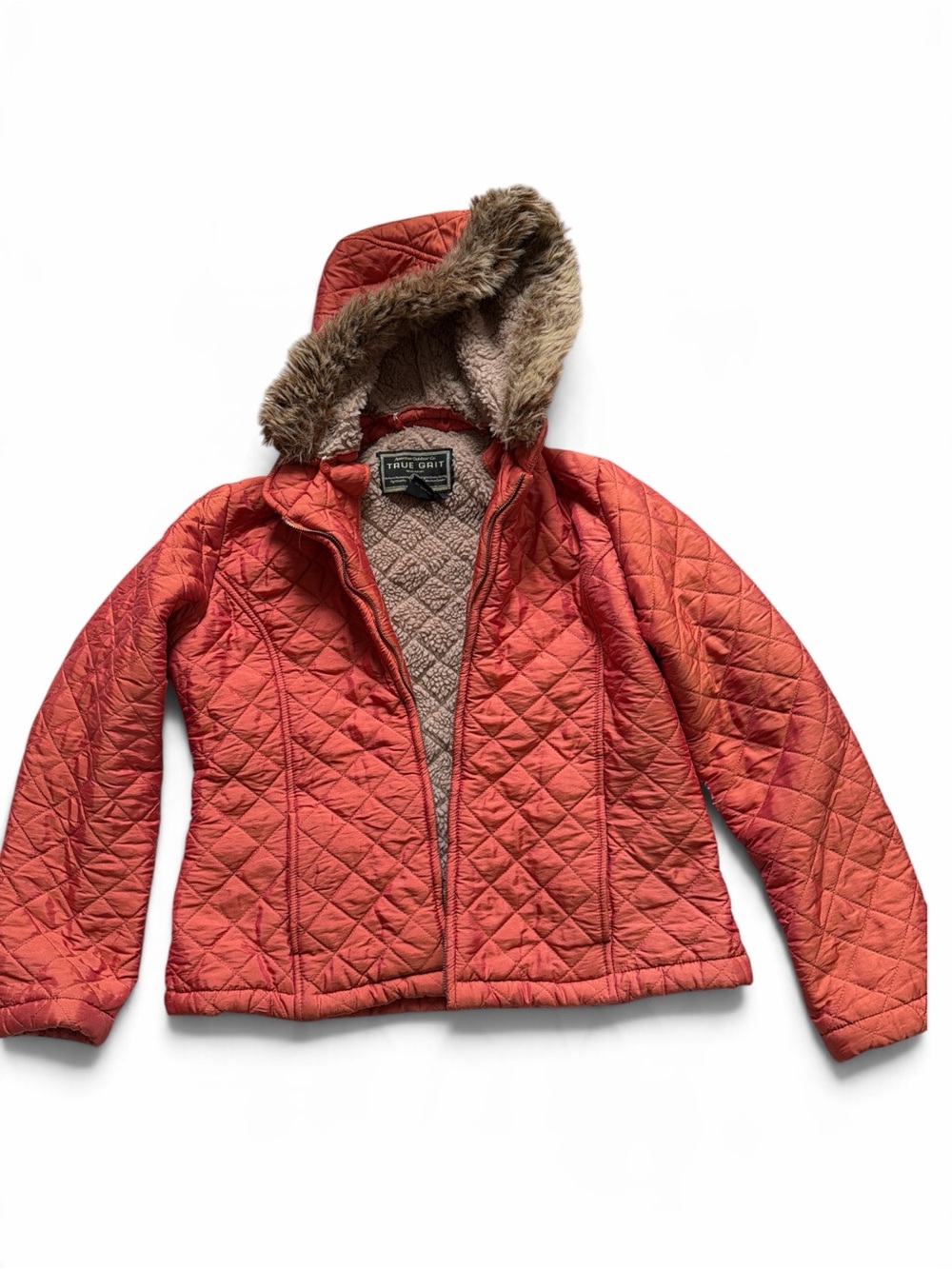 True Grit Quilted Hooded Puffer Jacket in Coral